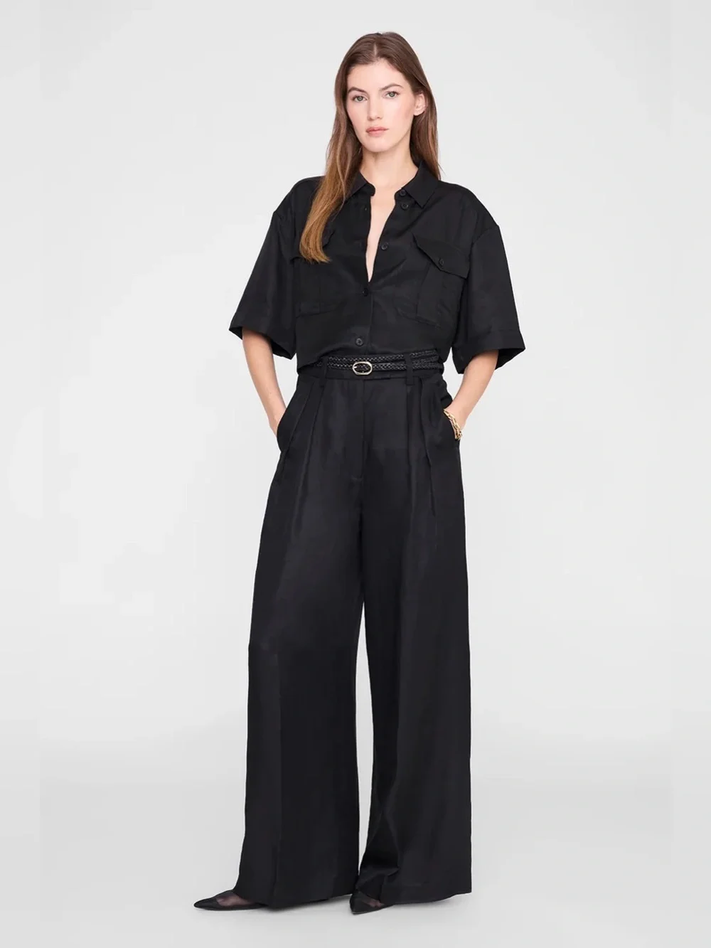 Anine bing linen Black Wide Leg pants clean beauty preppy apiece apart toteme 30